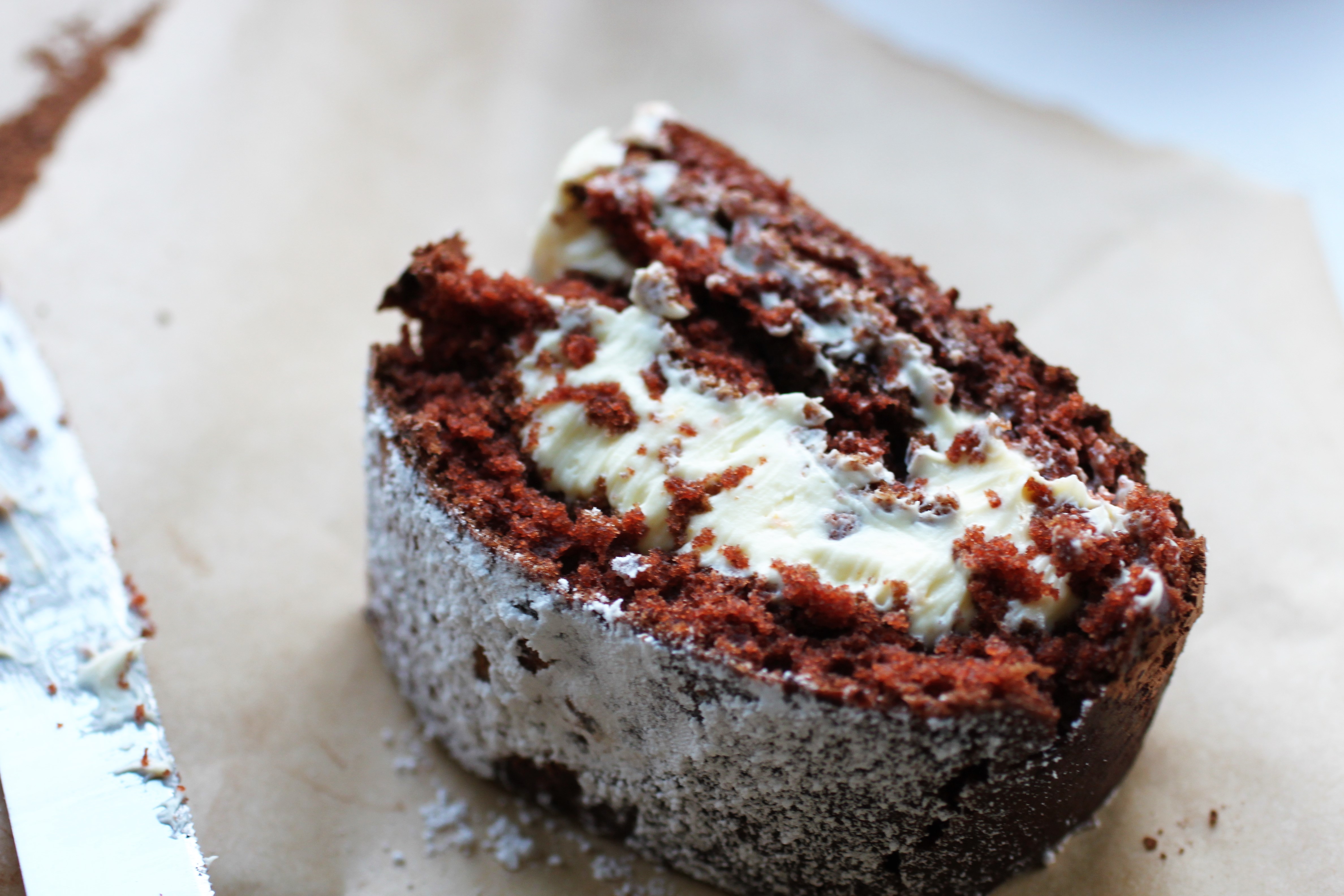 one slice of chocolate orange yule log, laid flat