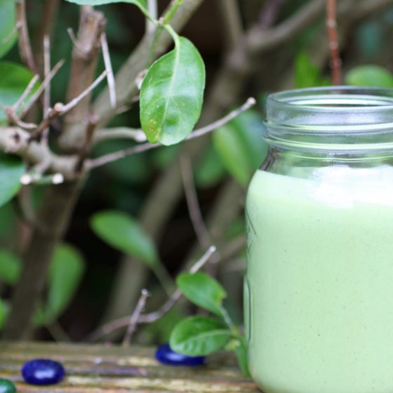 green smoothie in a kilner jar, on a wooden bench with green bushes in the background