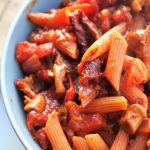 vegan garlic mushroom pasta recipe in a large bowl