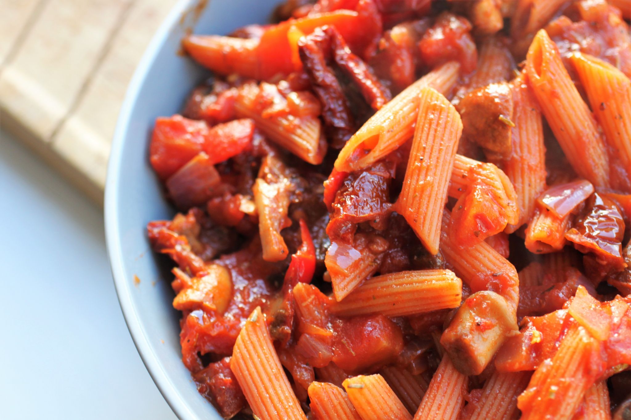 vegan garlic mushroom pasta recipe in a large bowl