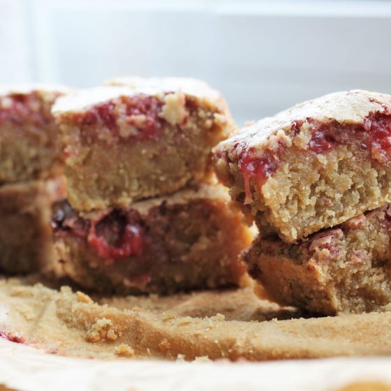 strawberry white chocolate blondies on a tray