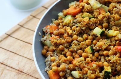 large serving bowl of moroccan couscous recipe made with quinoa
