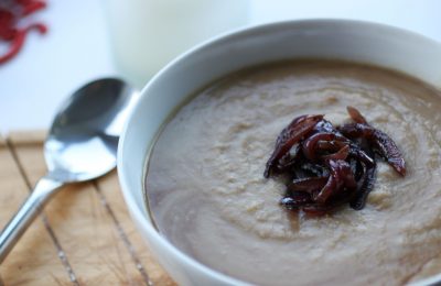 parsnip & caramelised onion soup in a bowl