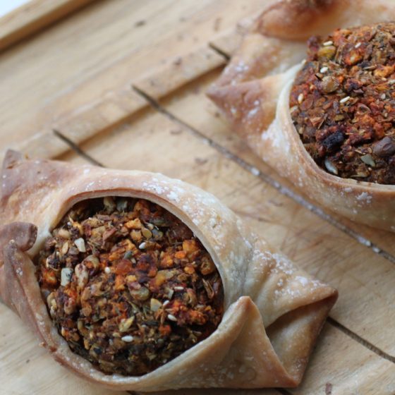 vegan christmas pastry pocket on a wooden tray