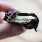 vegan peppermint cream bitten into to show the inside