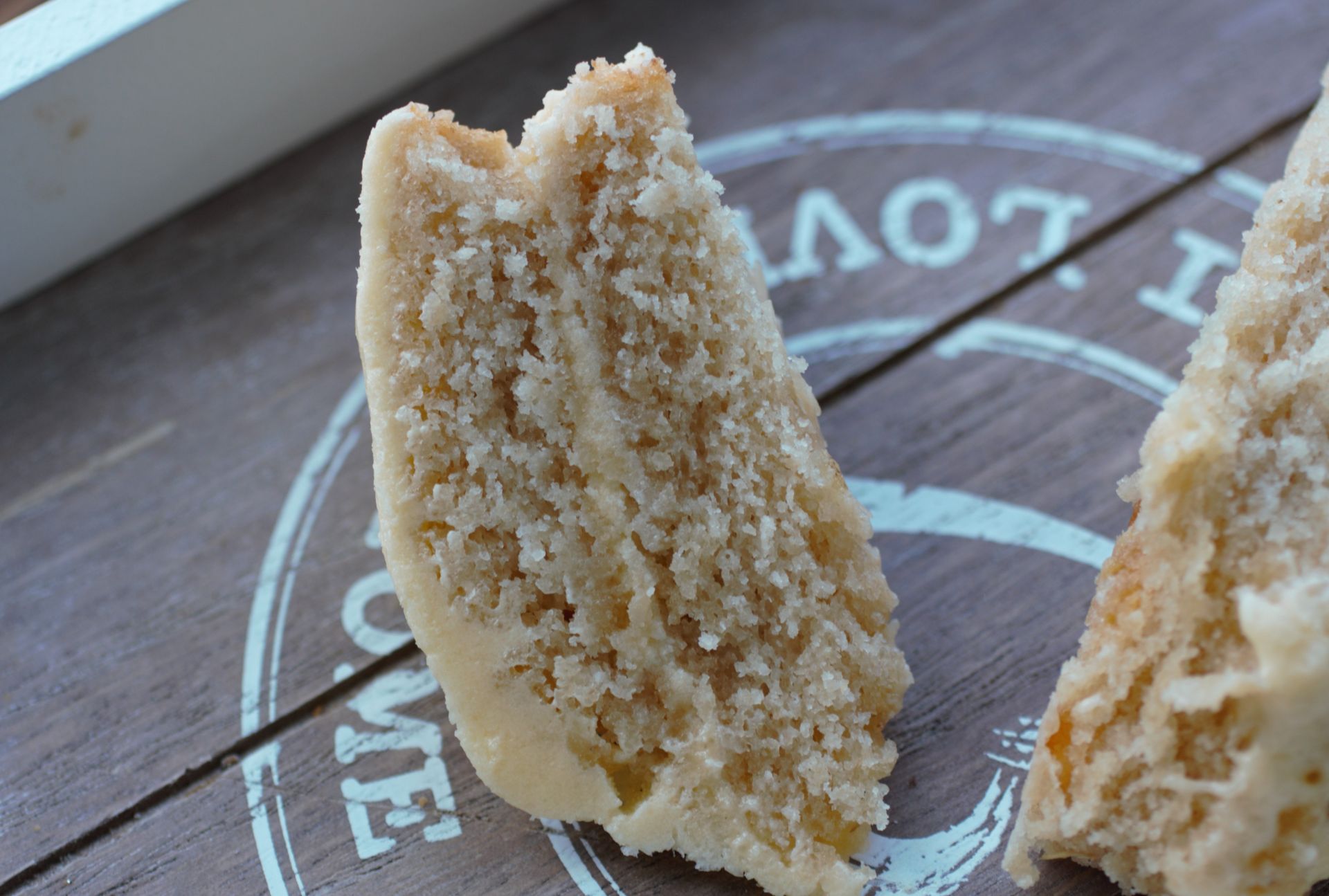 two slices of vegan lemon & orange cake on a wooden tray