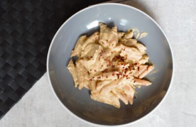 vegan pumpkin alfredo recipe in a grey pasta bowl placed on a white and grey background