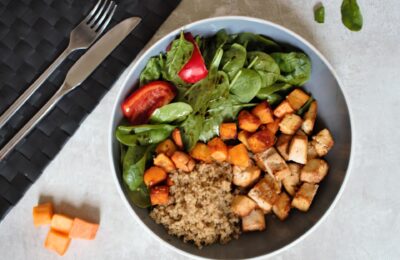tofu nourish bowl in large slate grey pasta bowl