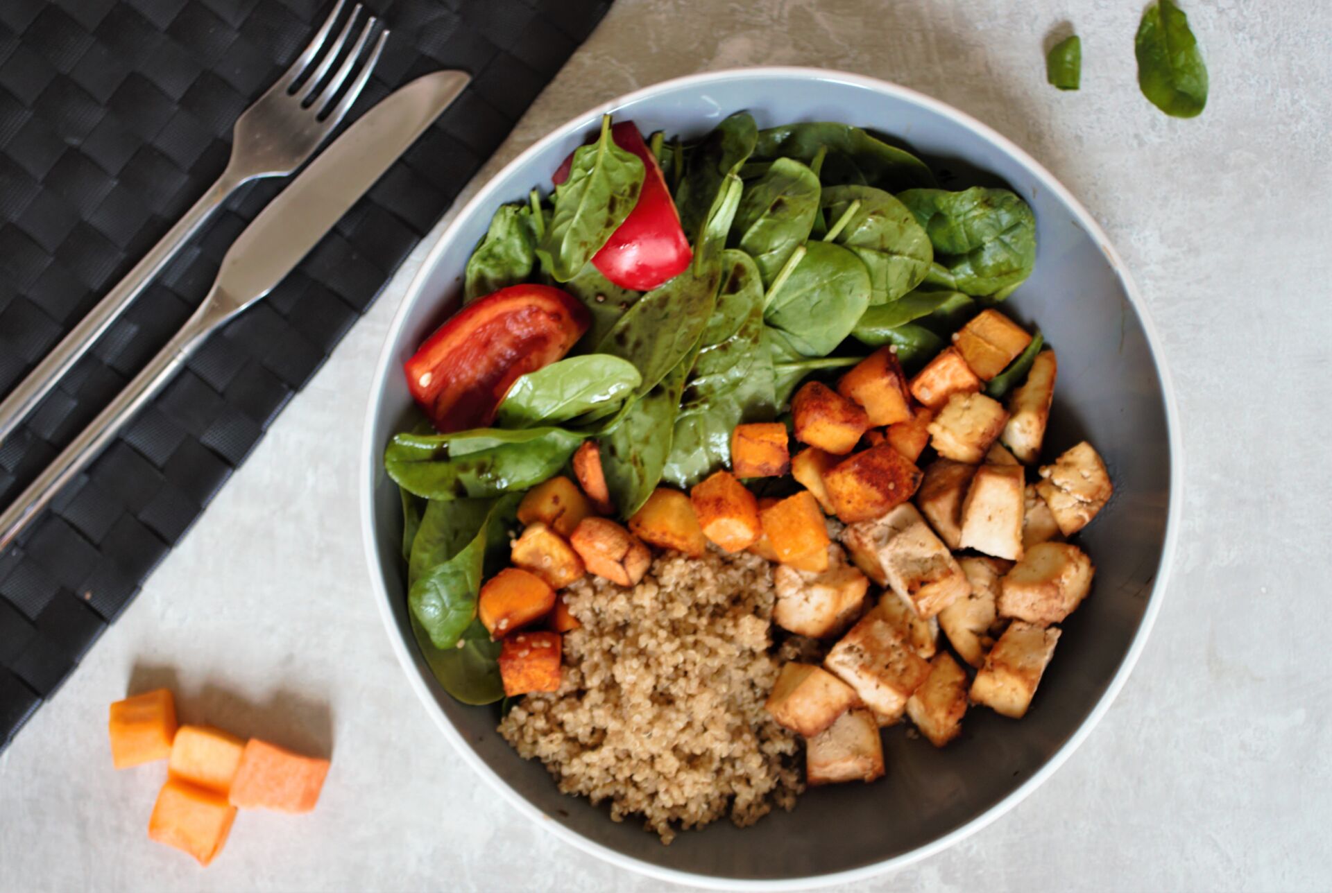 tofu nourish bowl in large slate grey pasta bowl