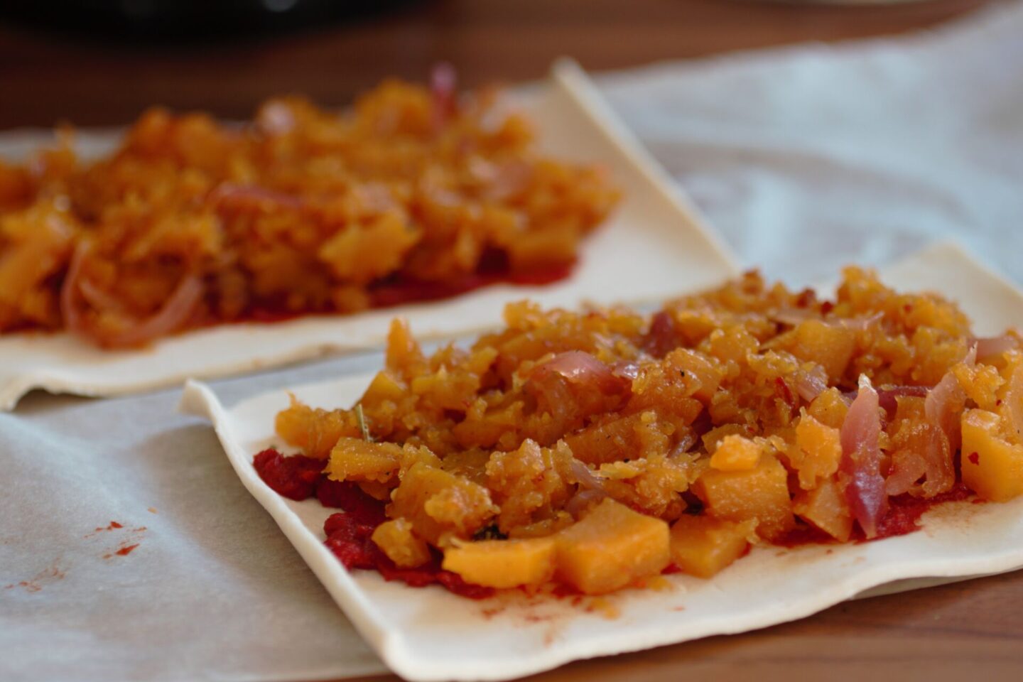 caramelised squash pizza tarts recipe prep photo
