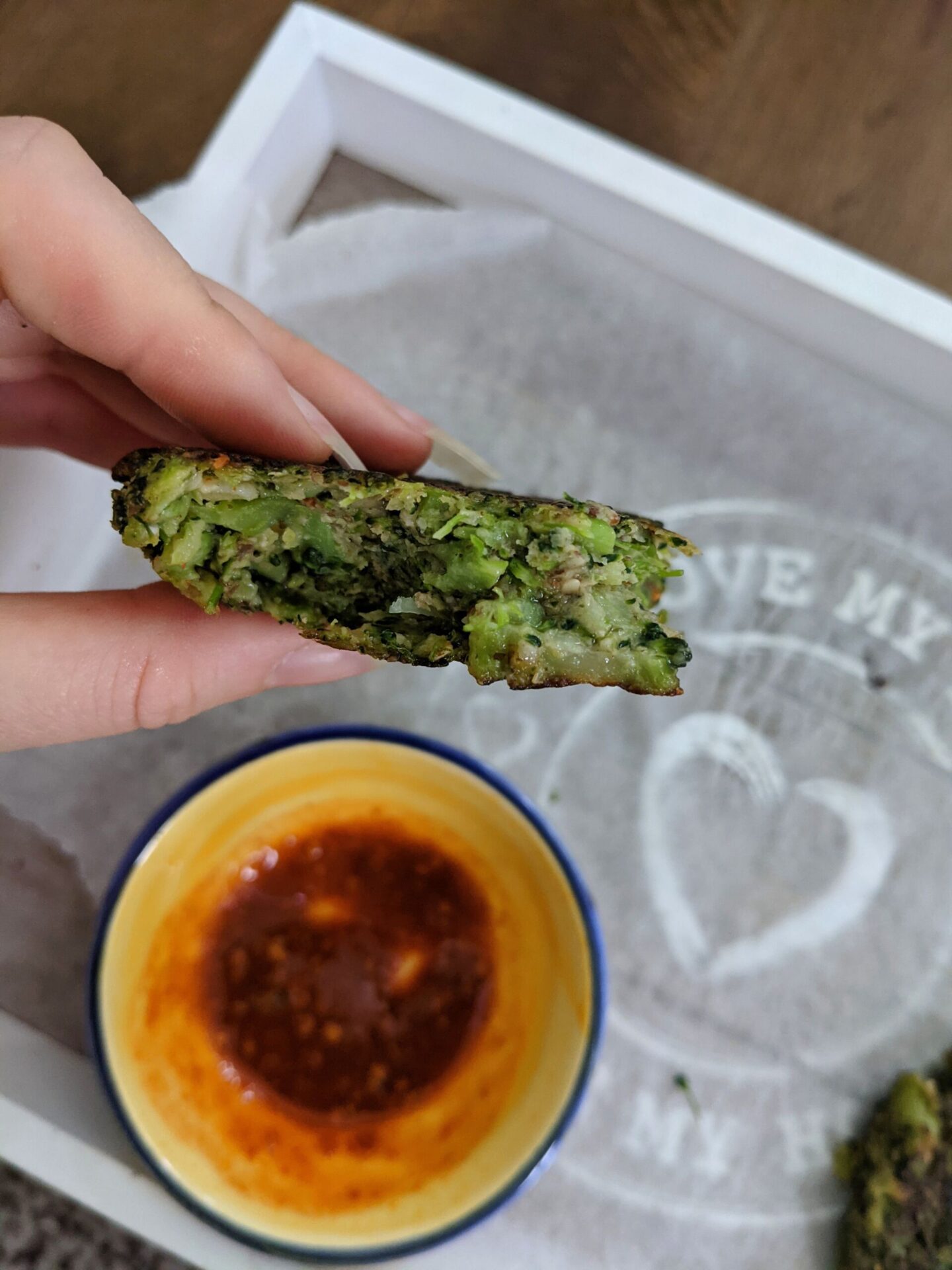close up of a broccoli fritter to show texture