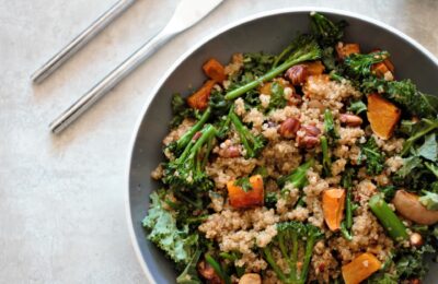 grey pasta bowl filled with maple squash salad recipe