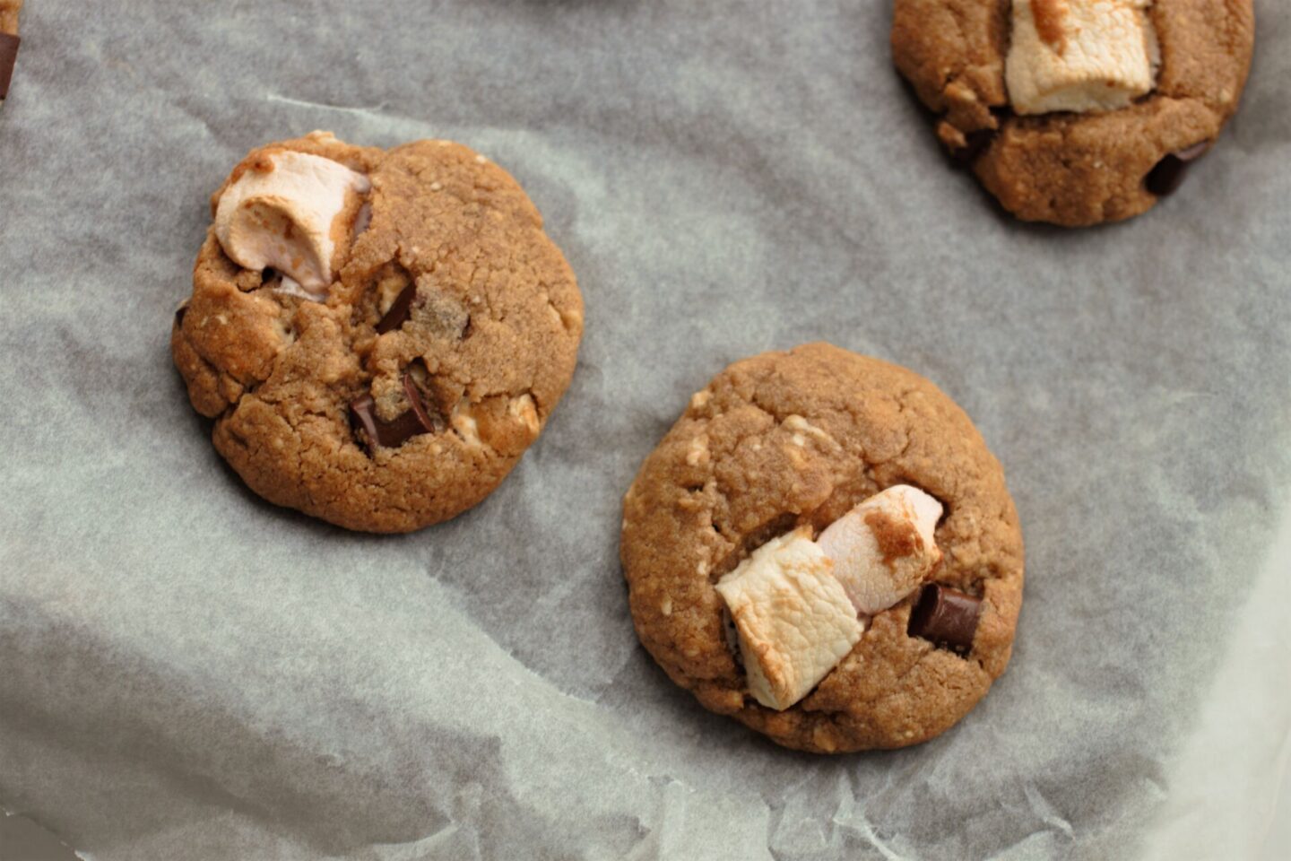 vegan s'mores cookies recipe, freshly baked on a baking tray