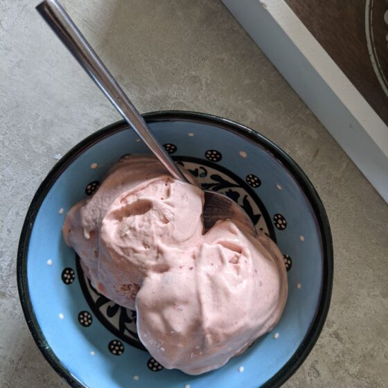 small bowl with two scoops of strawberry ice cream recipe in it