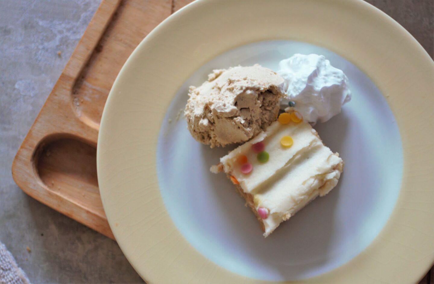 my birthday dessert - a plate of cake, ice cream and soy whipped cream
