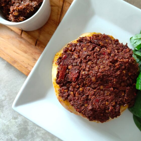 red wine lentil paste on garlic bread