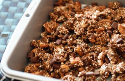 tray of freshly baked coffee & walnut granola