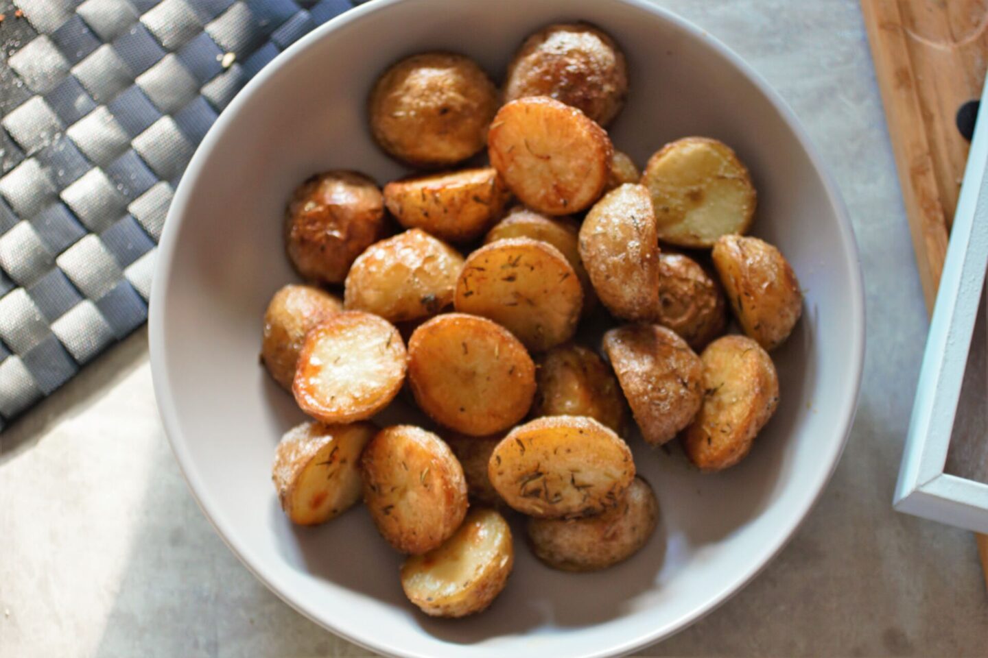 large bowl of vegan roast potatoes, shot from above