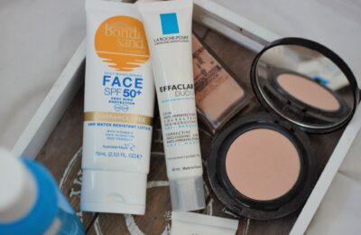 a tray of products mentioned in my 2022 beauty goals post