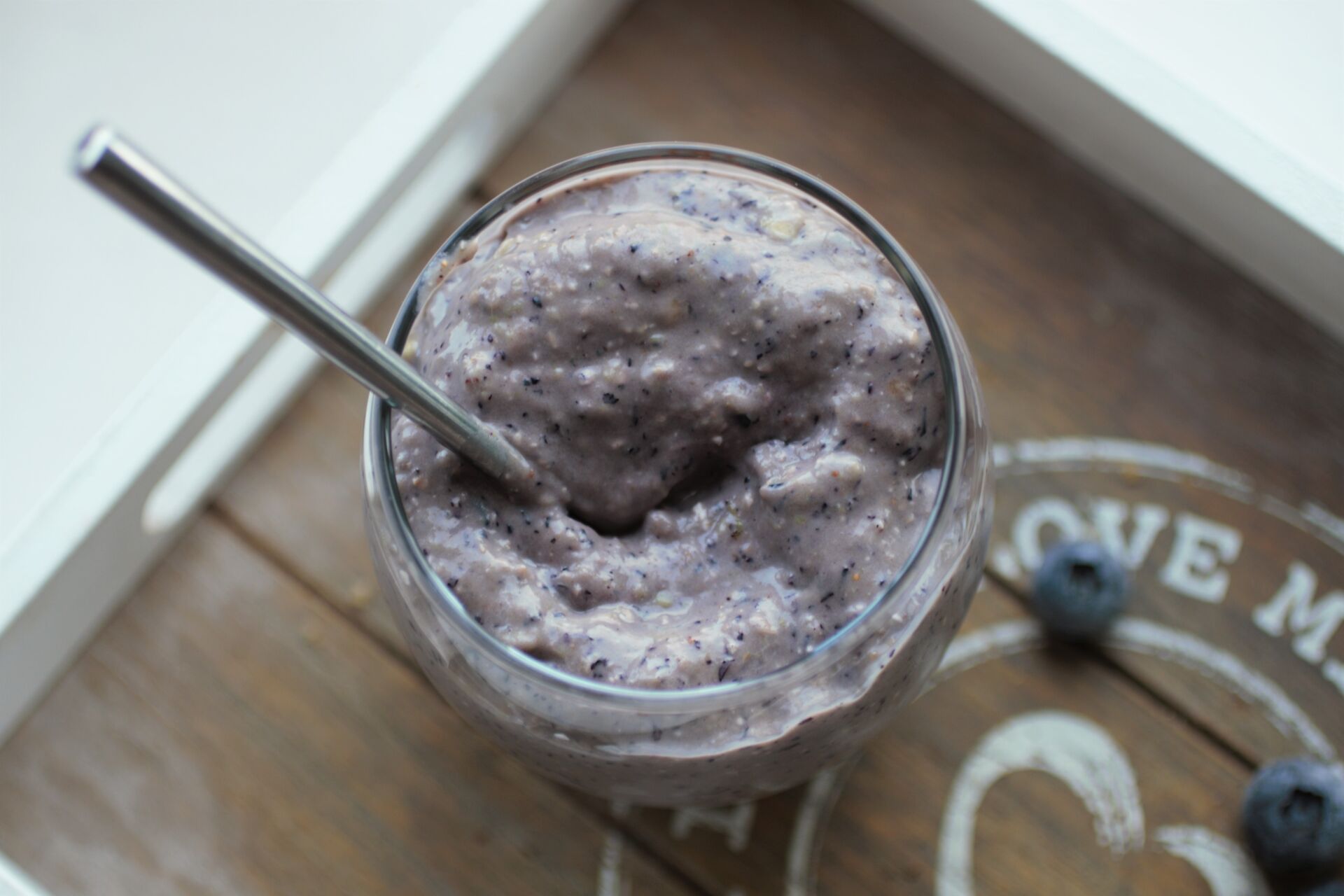 blueberry breakfast pudding recipe in a glass, shot from above