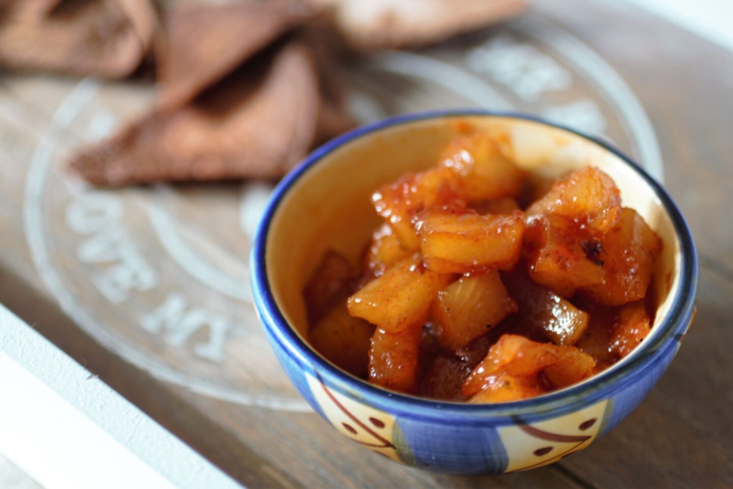 close up shot of a small dish filled with pineapple chutney recipe