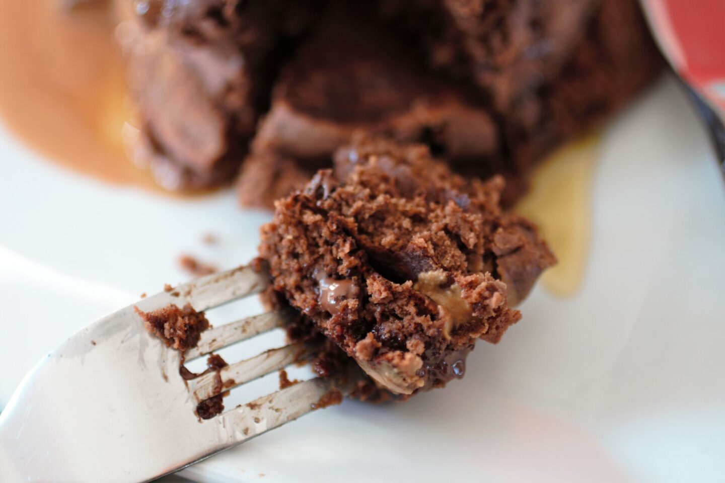 a fork of the peanut chocolate pancakes recipe to show the texture