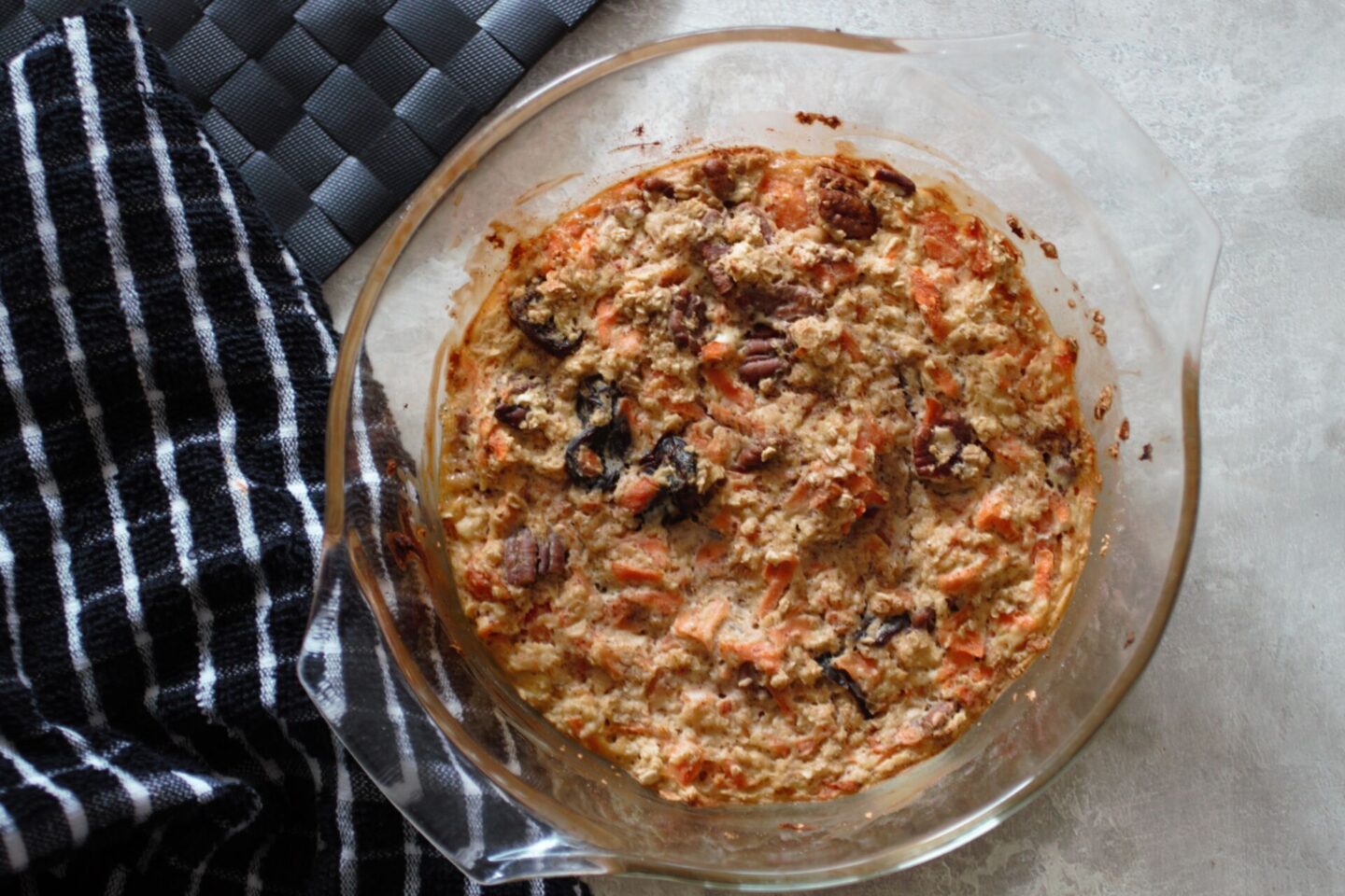 a dish of freshly baked carrot cake baked oats