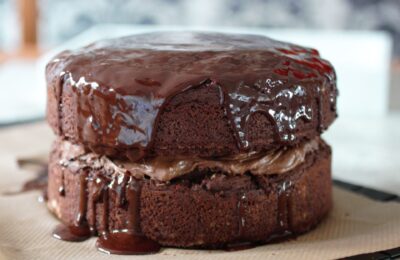 gluten free vegan chocolate cake recipe, freshly iced