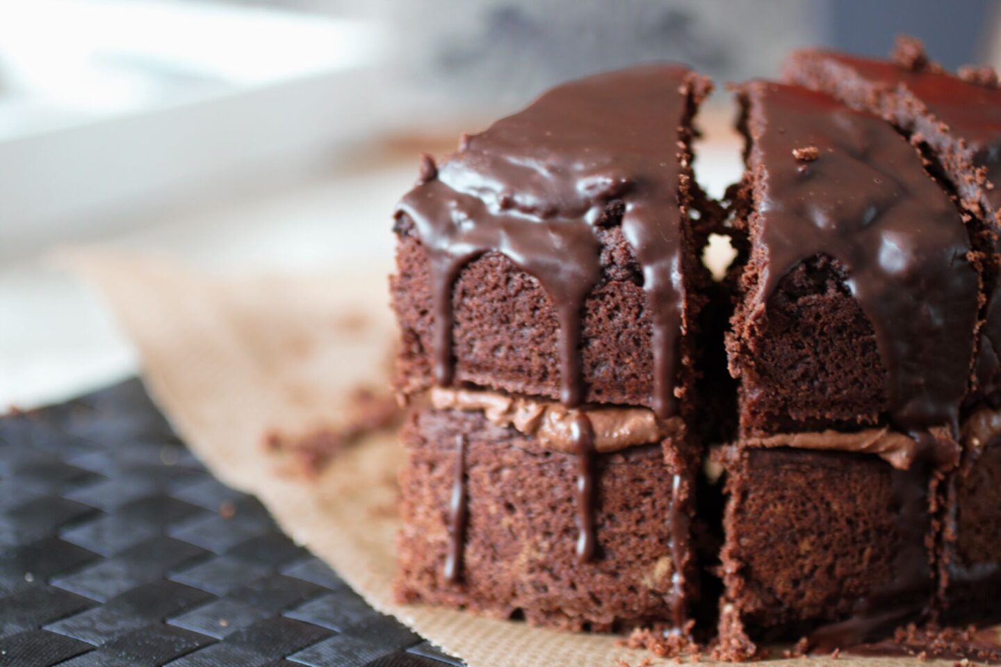 vegan chocolate cake recipe, showing the drip icing