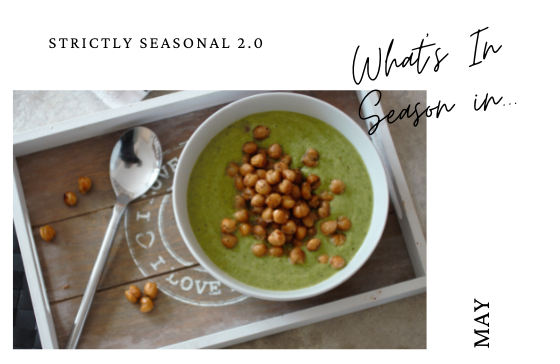 what's in season in May with photo of pea and asparagus soup