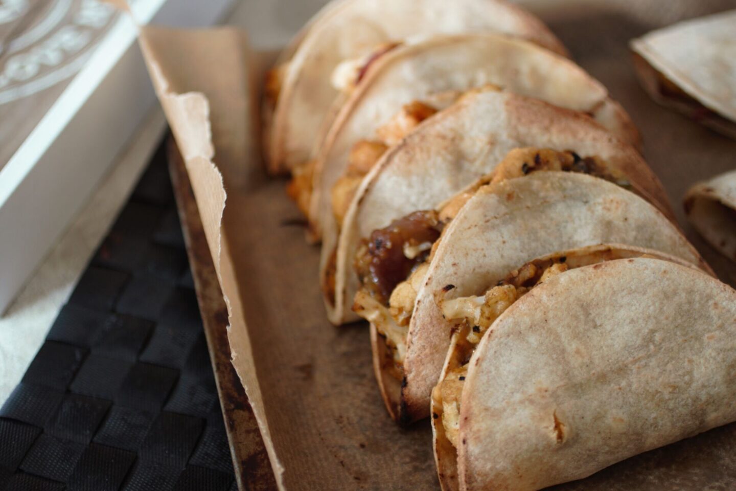 row of cauliflower tacos