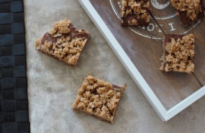 chocolate oat bars recipe - sliced, shot from above