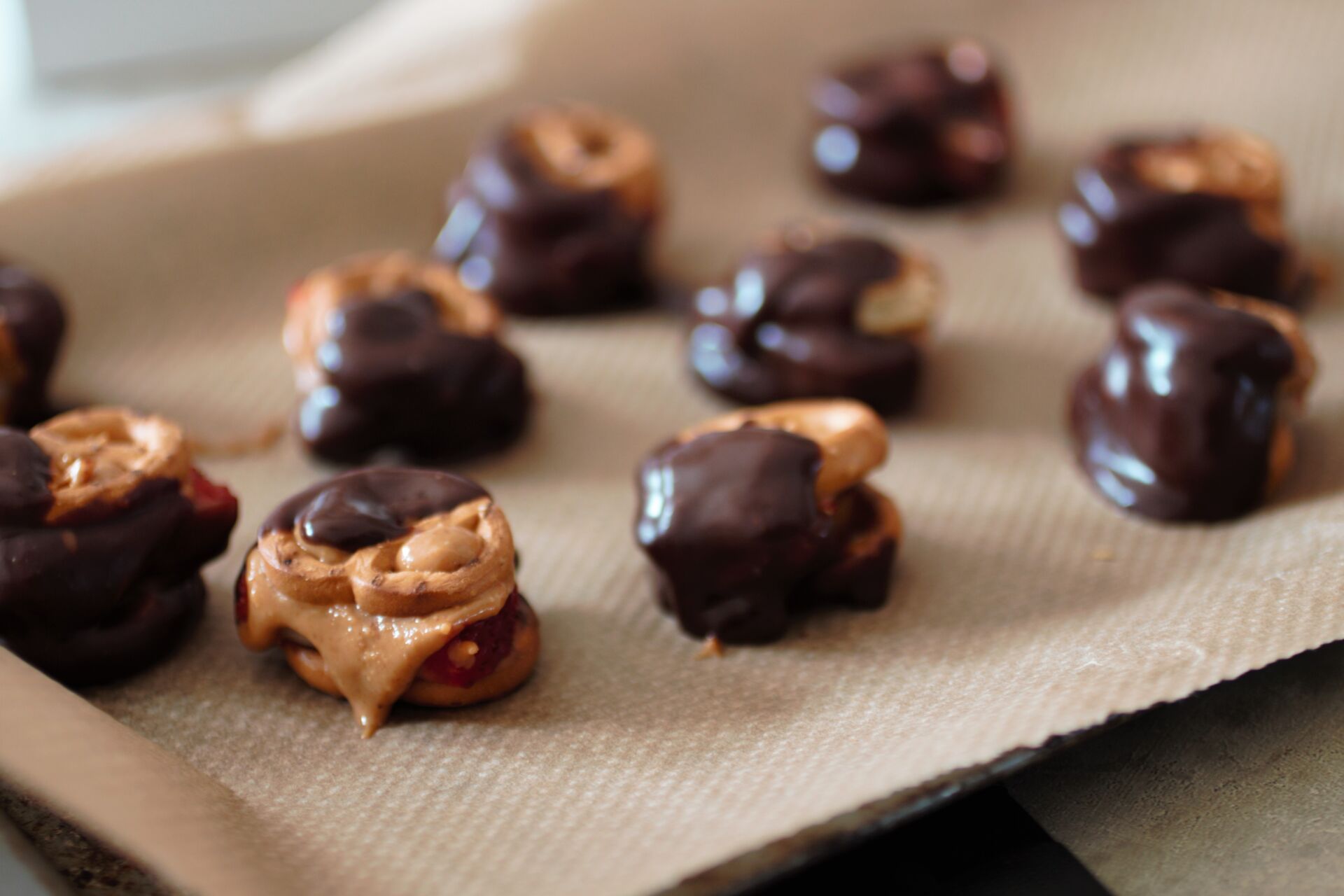 tray of peanut butter pretzel bites ready to be served