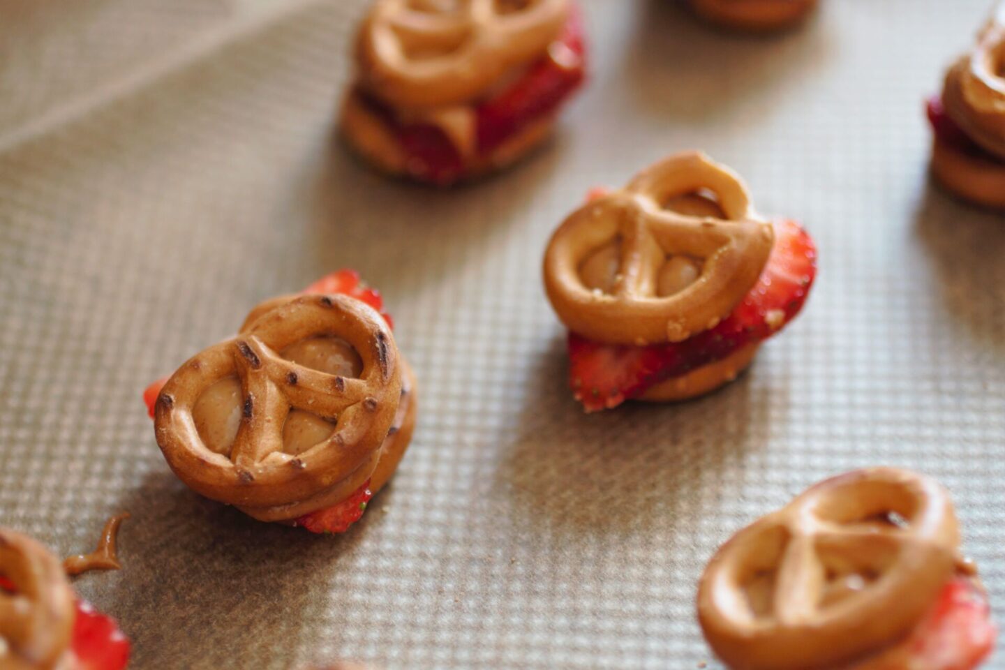 stacked pretzels prior to being dipped in chocolate