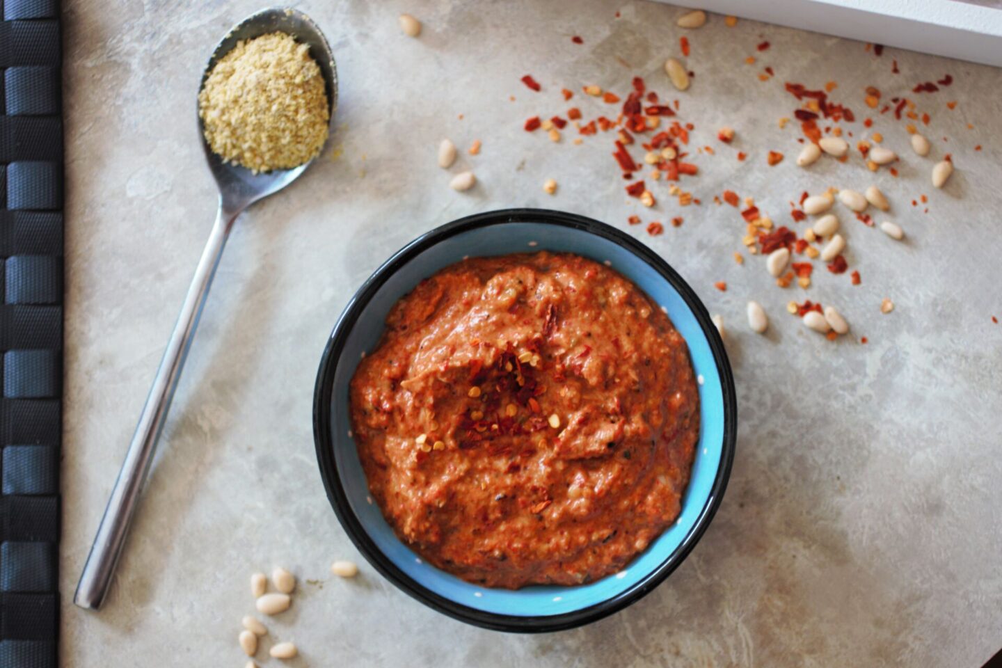 a dish of red pepper pesto 
