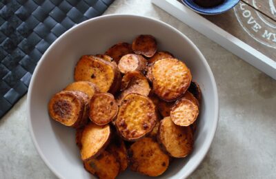 a bowl of Sautéed Sweet Potatoes, shot from above