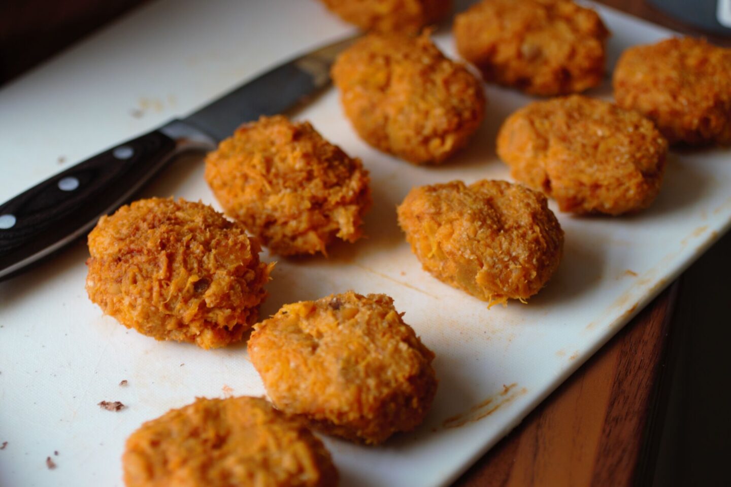 tray of sweet potato nuggets prior to the breading being added