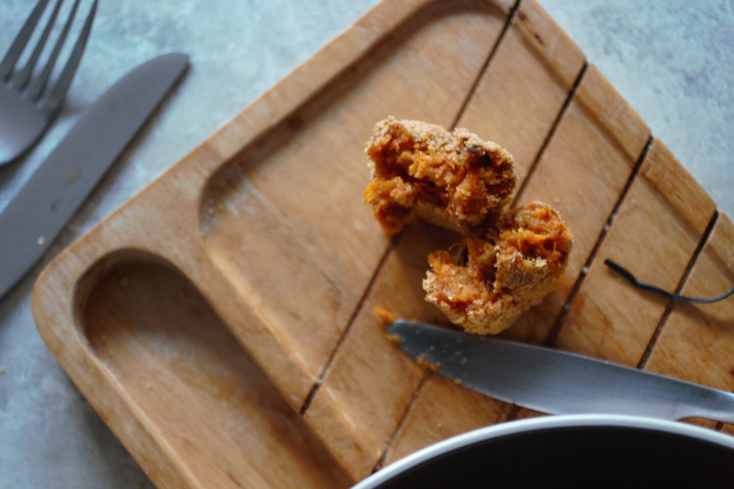 a cooked sweet potato nugget cut open to show the inside texture