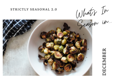 what's in season in December with a photo of a bowl of crispy roasted sprouts
