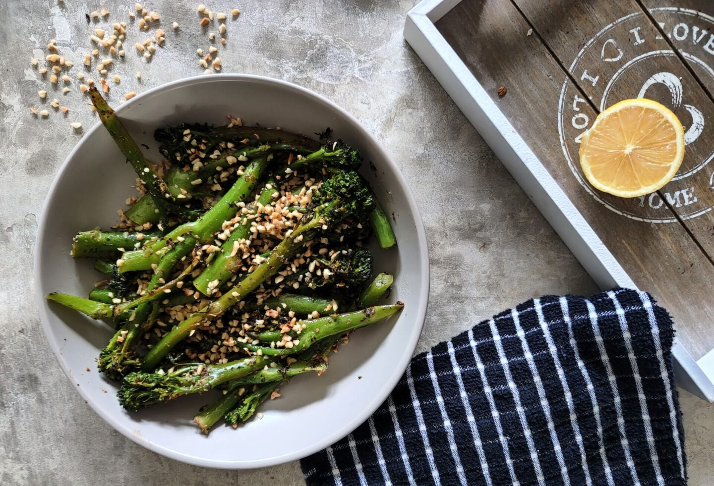 large pasta bowl filled with hazelnut crisp broccoli recipe