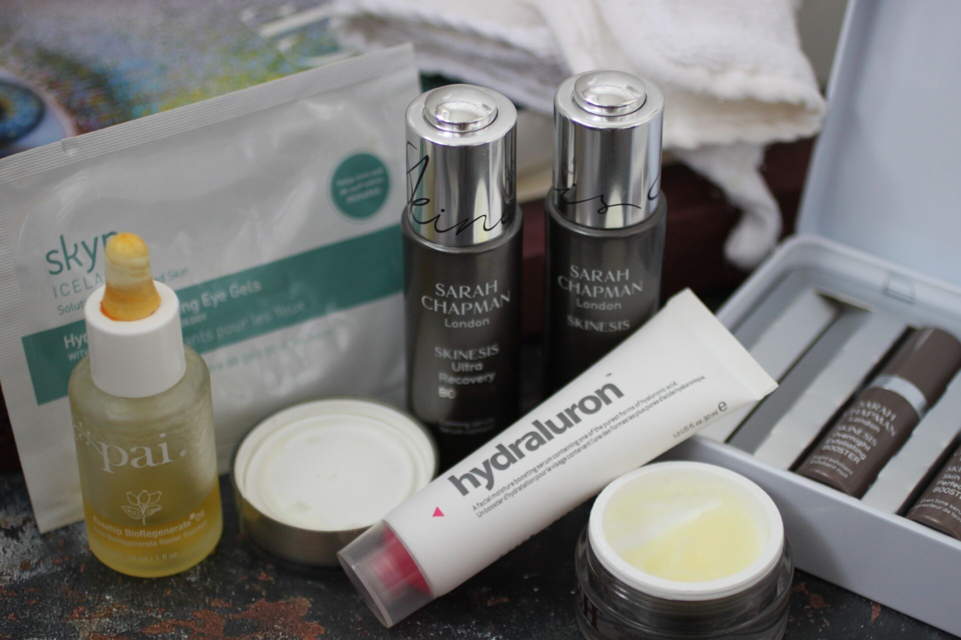 selection of old school beauty favourites I still love, lined up (including Sarah Chapman, Emma Hardie and Indeed Labs)