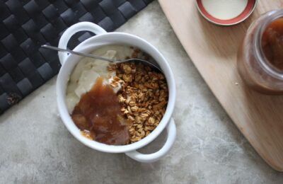 bowl of rhubarb compote, yoghurt and granola