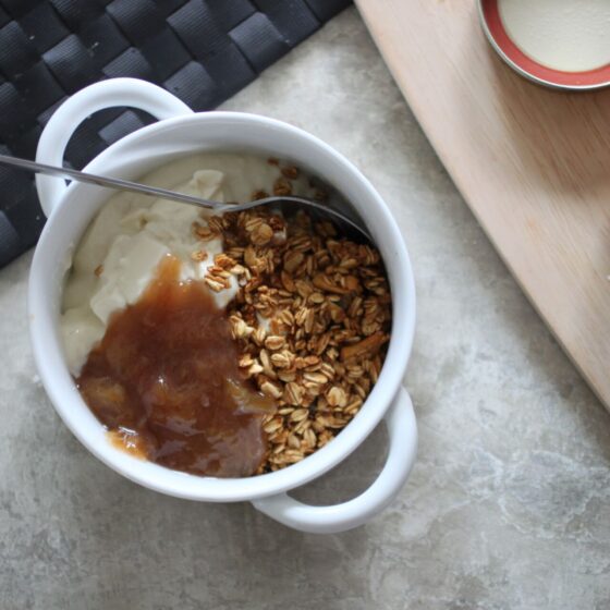 bowl of rhubarb compote, yoghurt and granola