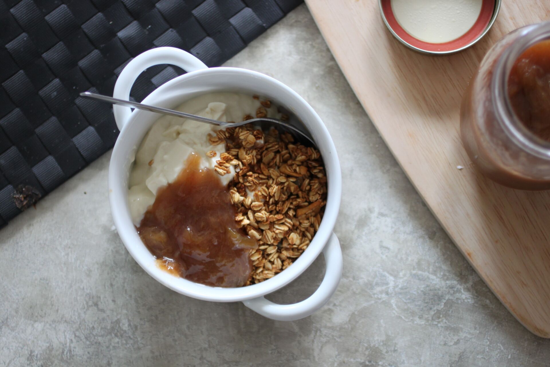 bowl of rhubarb compote, yoghurt and granola