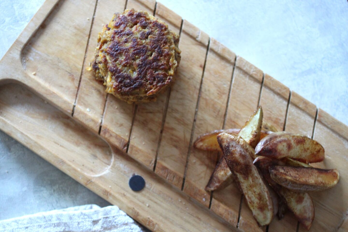 butternut squash fritters with some spiced wedges, shot from above