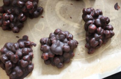 tray with freshly made chocolate chickpeas on it