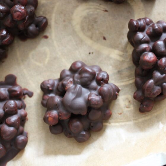 tray with freshly made chocolate chickpeas on it
