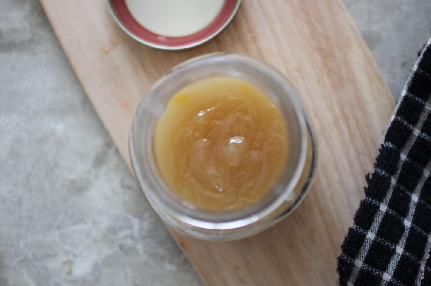 jar of vegan lemon curd, shot from above