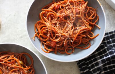 two bowls of vegan nduja pasta, shot from above