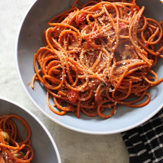 two bowls of vegan nduja pasta, shot from above